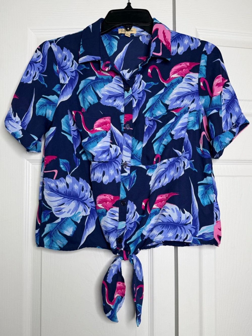 Tie-Front Tropical Flamingo Print Button-Up Top - Navy with Pink & Blue